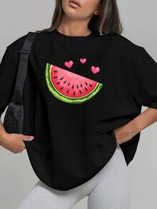 Plus Size Women's Watermelon Print T-Shirts, Casual Short Sleeve Crew Neck Tops For Spring And Summer, Plus Size Clothing For Women, Fashion Clothing - 黑色 - 查看 1
