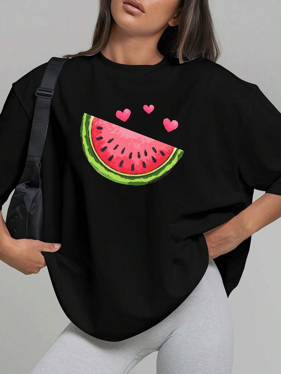 Plus Size Women's Watermelon Print T-Shirts, Casual Short Sleeve Crew Neck Tops For Spring And Summer, Plus Size Clothing For Women, Fashion Clothing - 黑色 - 查看 1