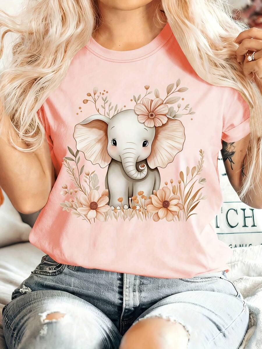 Women'S Winter Clothing, Deep Autumn Atmosphere Cartoon Little Elephant Floral And Plant Print Round Neck Short Sleeve T-Shirt, Comfortable Soft Fashion Elegant Vintage Casual Versatile Spring Summer Autumn Winter Athletic Top Multicolor Available S - Rosa - Ver 1