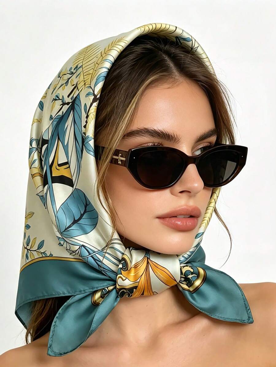 1 Peça Lenço Quadrado Estampado com Toque de Seda, Acessório de Cabelo Versátil Essencial para o Dia a Dia, Moderno e Fácil de Combinar - Azul menta - Visão 1
