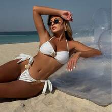 Nuevo bikini de dos piezas de color sólido, sexy, con decoración de conchas y cordones. - Negro - Ver 5