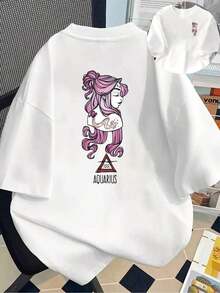 Camiseta de manga corta estampada con diseños frontales y traseros - Acuario, patrón del zodiaco - Camiseta estampada de primavera/verano para mujer, ¡tu mejor elección! Transpirable y cómoda. - Blanco - Ver 11