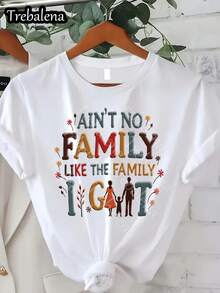 Talla Grande - Camiseta de Cuello Redondo Talla Grande con Letras Coloridas "No Hay Familia Como La Que Tengo" 100% Algodón, Camiseta de Manga Corta, Top Casual a la Moda, Ropa de Mujer para Primavera/Verano, Ideal para el Día de la Madre/Aniversario/Día del 1 de Junio, Tallas 0XL-4XL - Blanco 8 - Ver 8