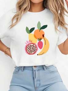 Casual T-shirtSummer Fruit Party Pattern Printed Women's T-Shirt, Casual Round Neck, Spring/Summer Top, Short-Sleeved, Comfortable And Versatile Casual Women's Top100% CottonDurable - Blanco - Ver 7