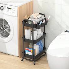 Plastic Rolling Storage Cart Utility Cart With Extra Hanging Cups Handles Lockable Wheels For Living Room Bathroom Kitchen Office - 黑色 - View 2