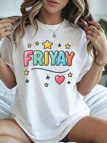 Elegante y casual para mujer, manga corta, linda camiseta de mujer Friday FRIYAY con estampado de estrellas y corazones, ropa casual blanca para el fin de semana en la temporada de verano. - Blanco - Ver 8