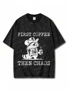 1 pieza de camiseta de algodón lavado, con estampado "Coffee First, Chaos Later", camiseta de marca de moda vintage de algodón batik de alta calidad, camiseta para mujer, popular para uso diario, regalo para vacaciones, regalo perfecto, 180g 100% algodón. - Negro - Ver 1