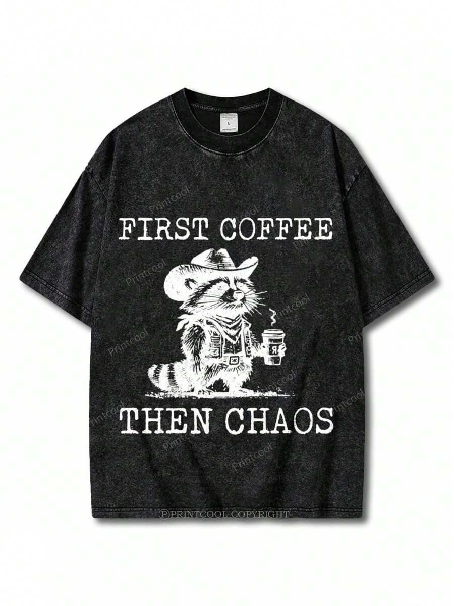 1 pieza de camiseta de algodón lavado, con estampado "Coffee First, Chaos Later", camiseta de marca de moda vintage de algodón batik de alta calidad, camiseta para mujer, popular para uso diario, regalo para vacaciones, regalo perfecto, 180g 100% algodón. - Negro - Ver 1