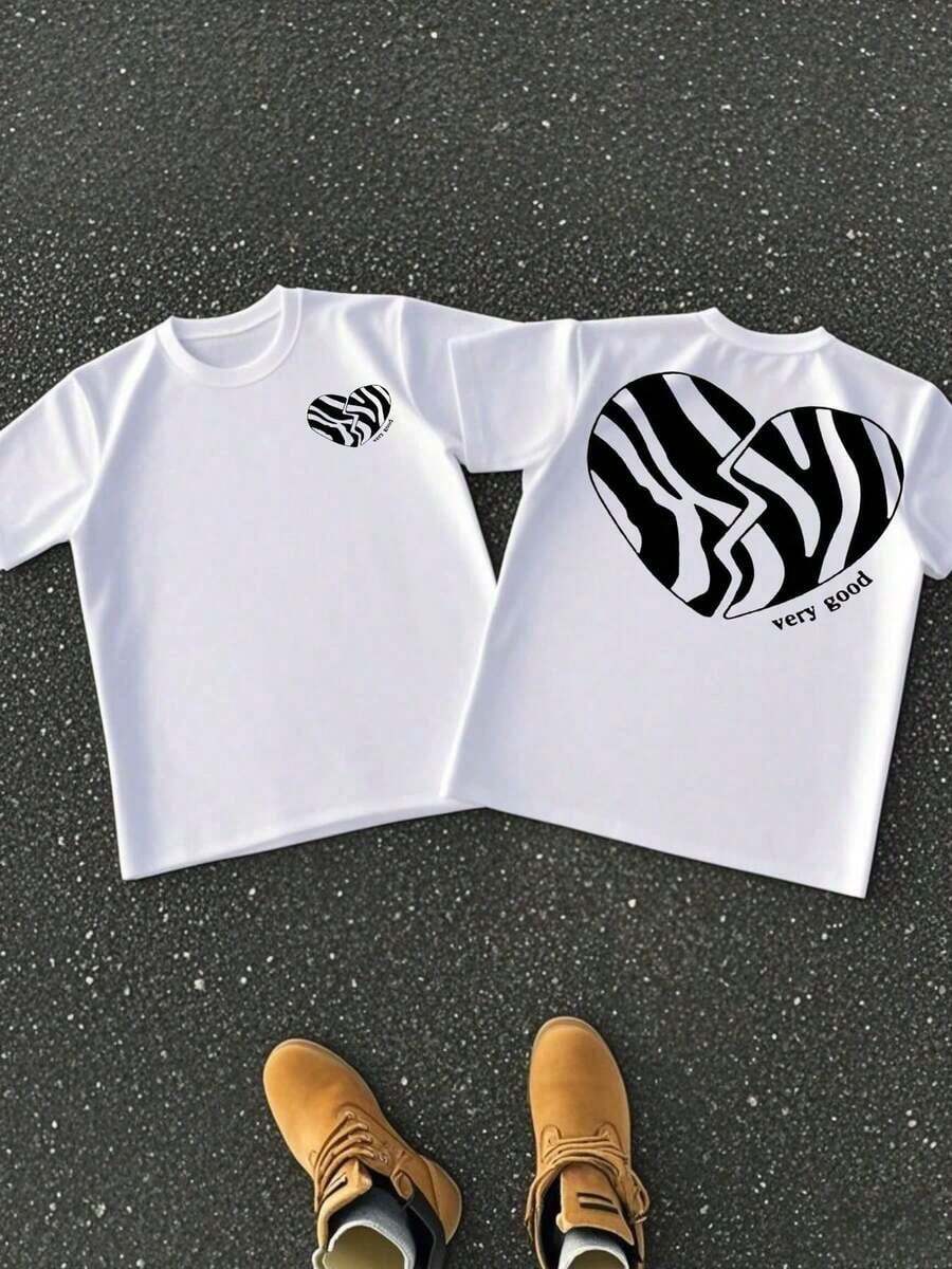 Camiseta de algodón puro de 220 g para hombre, cuello redondo, manga corta, informal, con estampado a doble cara y diseño de corazón con rayas de cebra. - Blanco - Ver 1