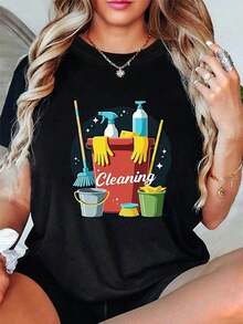 Camiseta de Mujer con Estampado Gráfico de Herramientas de Limpieza y Tareas Domésticas| Camiseta Casual de Manga Corta y Cuello Redondo para Primavera/Verano, Tela de Elasticidad Media para Mujer - Negro - Ver 1