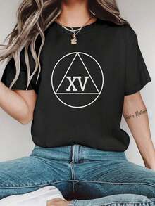 Camiseta Casual Negra para Mujer con Estampado de Triángulos Geométricos Invertidos, Manga Corta, Cuello Redondo, para Primavera y Verano, Mezcla de Poliéster Ligero, Corte Holgado, Ropa Casual |   Top con Estampado Geométrico |   Camiseta de mujer para la construcción - Negro - Ver 7