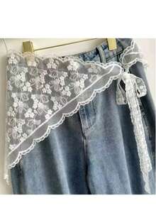 1 pieza Falda midi transparente con bordado floral de encaje de unicolor y pañuelo triangular, primavera/verano - Multicolor - Ver 4