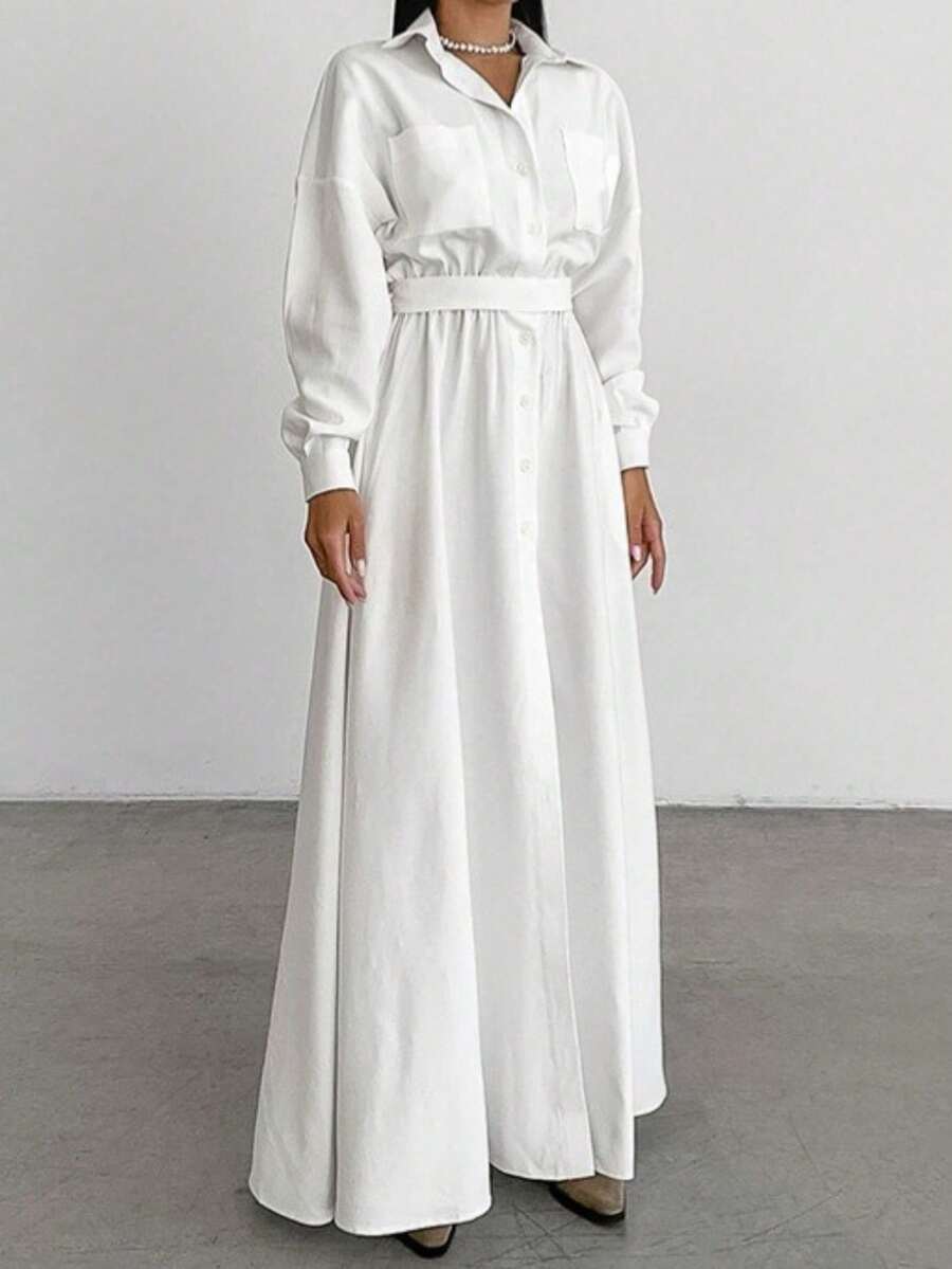 Vestido camisero francés con cuello solapa 2026, corte ajustado, estilo elegante y moderno. - Blanco - Ver 1