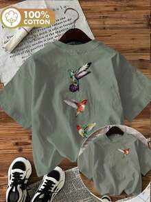 Camiseta de edición limitada con estampado gráfico, manga corta, cuello redondo, top casual para verano y primavera, ropa de mujer, algodón ligero. - Verde - Ver 1