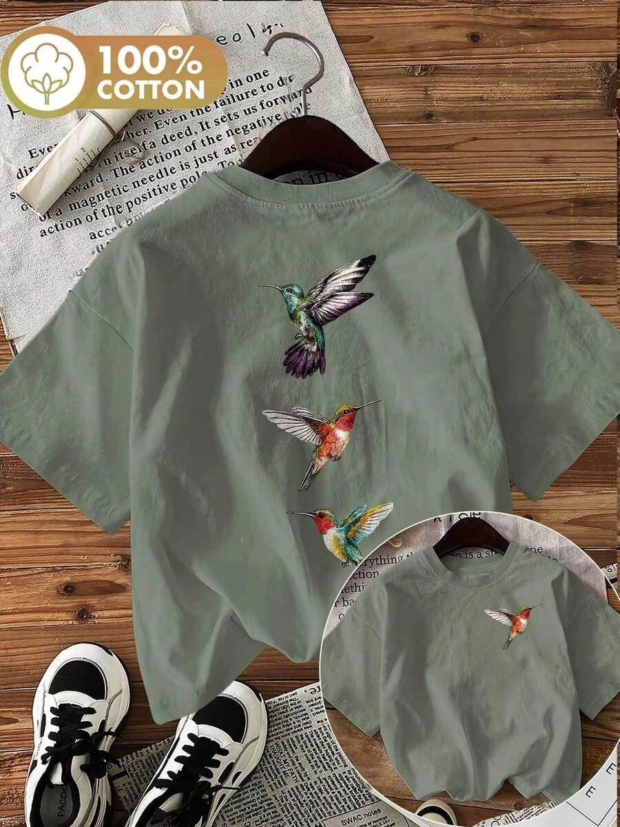 Camiseta de edición limitada con estampado gráfico, manga corta, cuello redondo, top casual para verano y primavera, ropa de mujer, algodón ligero. - Verde - Ver 1
