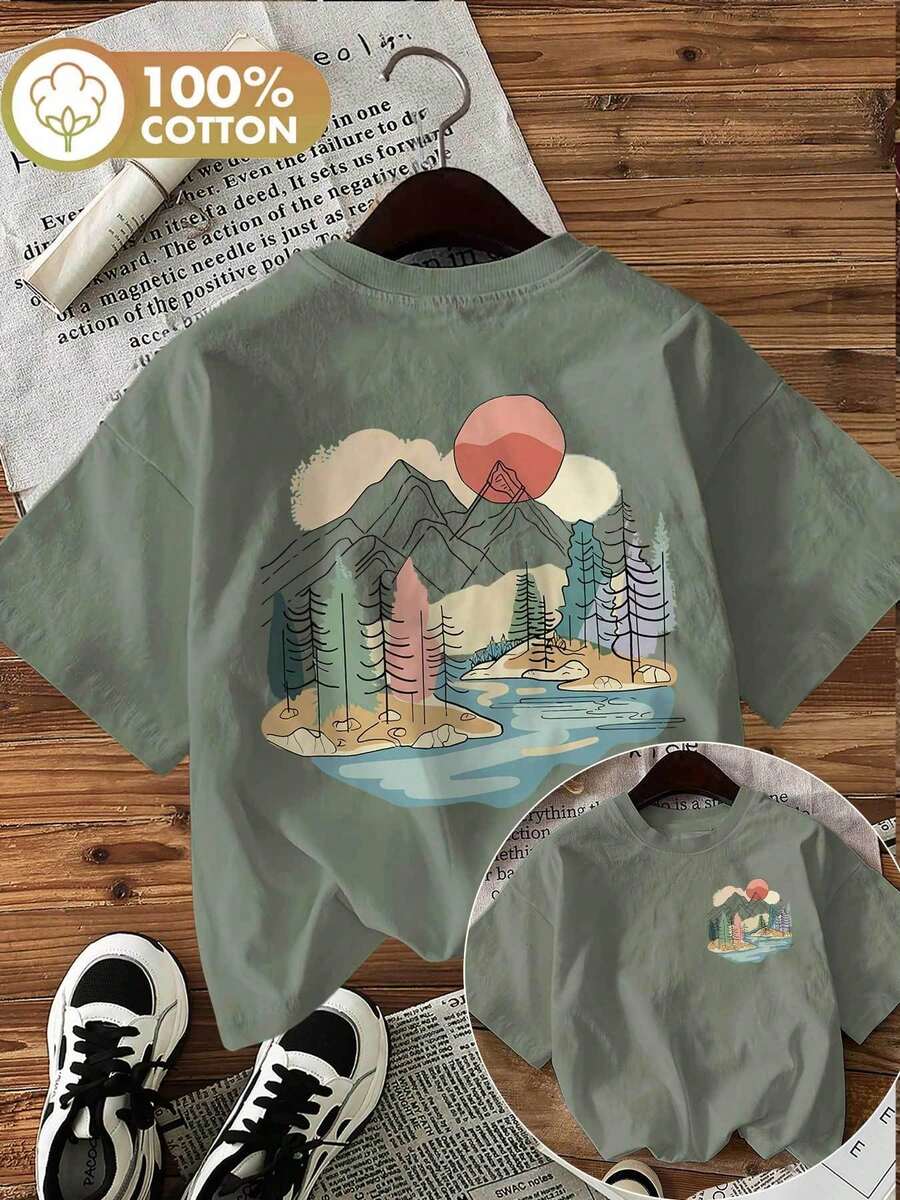 Edición Limitada, Camiseta de Verano Casual para Mujer con Estampado de Doble Cara, Estilo Sencillo, Estampado de Montaña Nevada, Bosque y Río, Cuello Redondo, Manga Corta, Algodón Ligero. - Verde - Ver 1