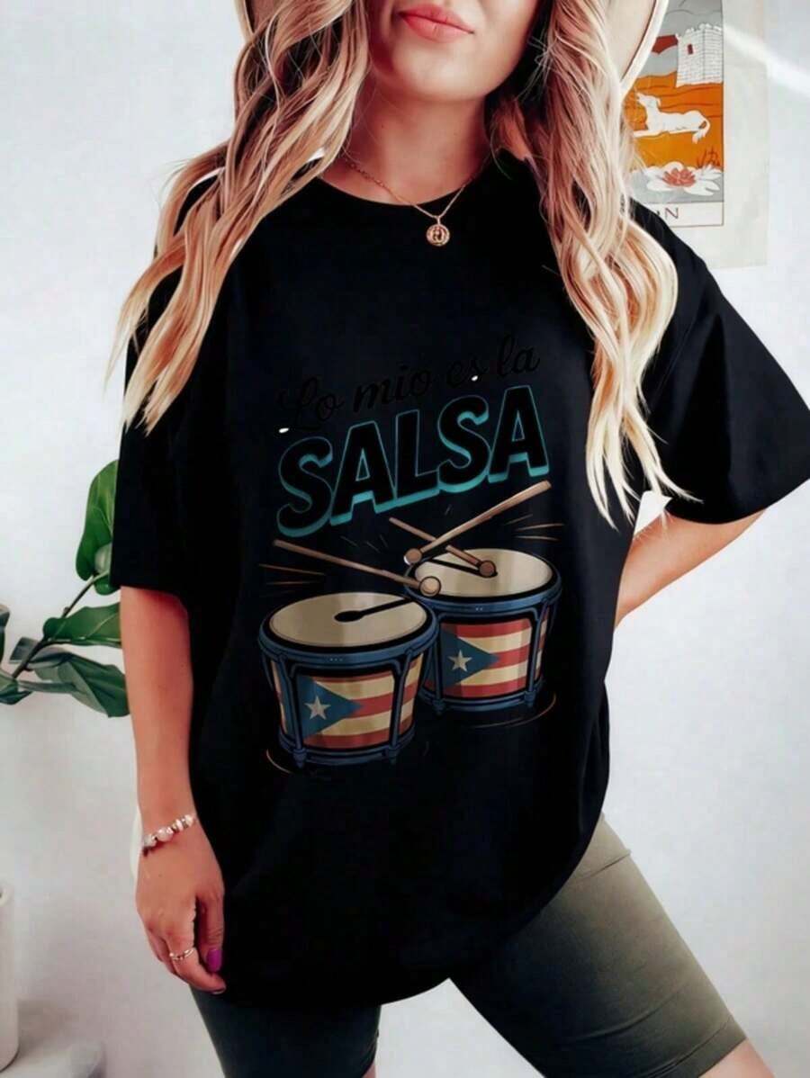 Camiseta de algodón de gran tamaño con estampado de tambores de salsa para mujer, estilo casual de verano y ropa urbana. - Negro - Ver 1