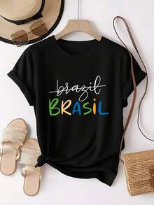 Corte regular, estampado estilo brasileño, colores brillantes, diseño único. Camiseta deportiva de moda para mujer con estampado único, cuello redondo y manga corta, cómoda para el uso diario casual de verano. - Negro - Ver 12