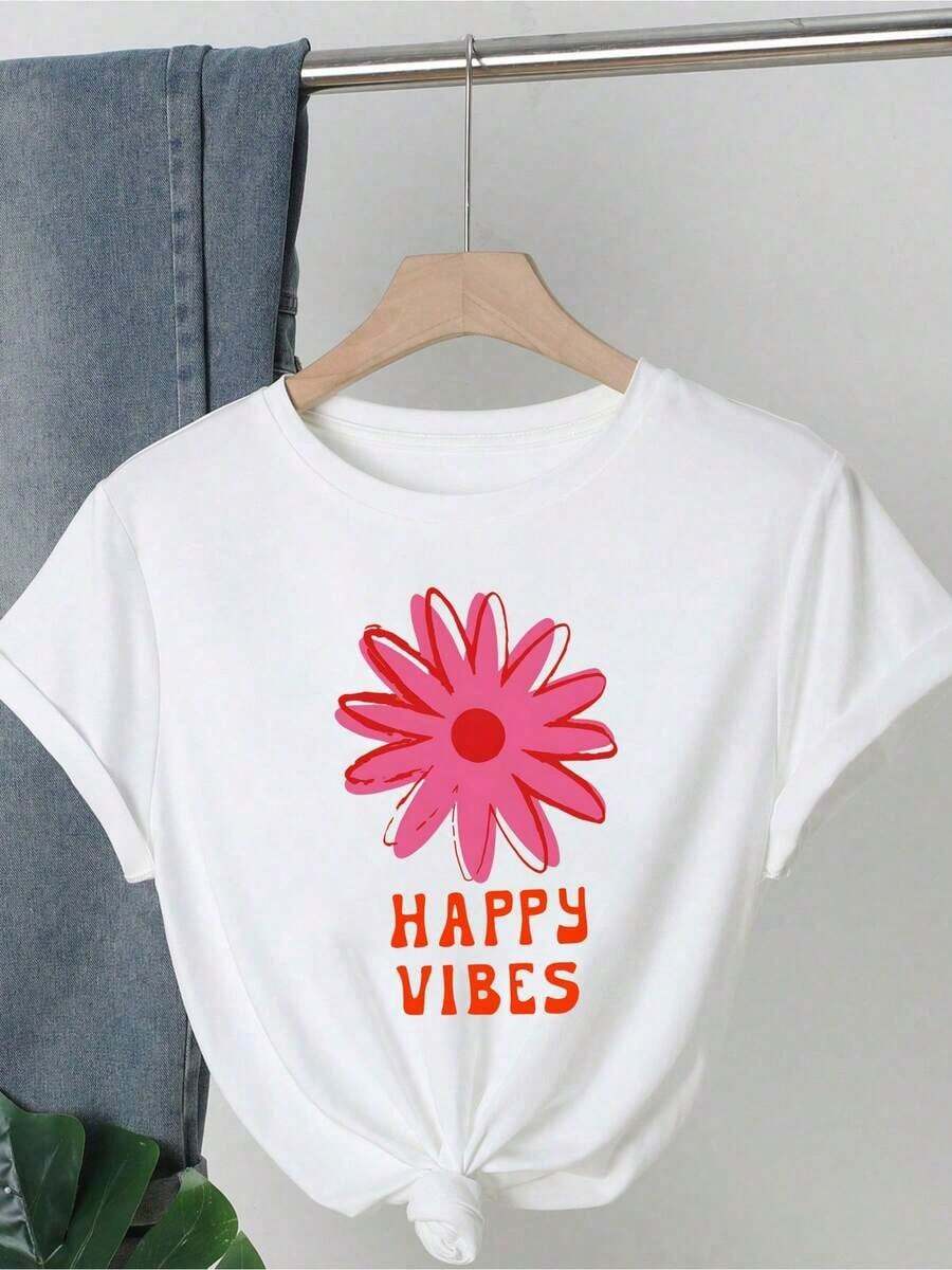 Camiseta de manga corta para mujer. Camiseta blanca de manga corta con cuello redondo para mujer, con diseño gráfico único de flores y letras, top casual de punto con elasticidad media para el verano. - Blanco - Ver 1
