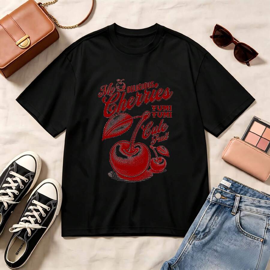 Retro Cherry Print, 100% Cotton Oversized Soft Breathable Casual Crewneck, Short Sleeve Top, Kawaii Summer Vibes, Streetwear Aesthetic, Fruit Lovers, Y2K Style - Negro - Ver 1