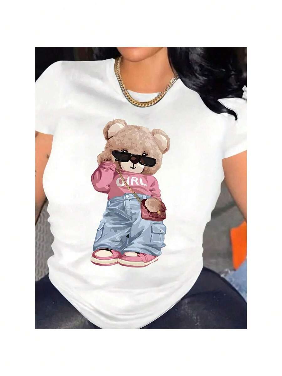 Casual Women's Fashionable Cartoon Bear Pattern Printed Women's T-Shirt - White - View 1