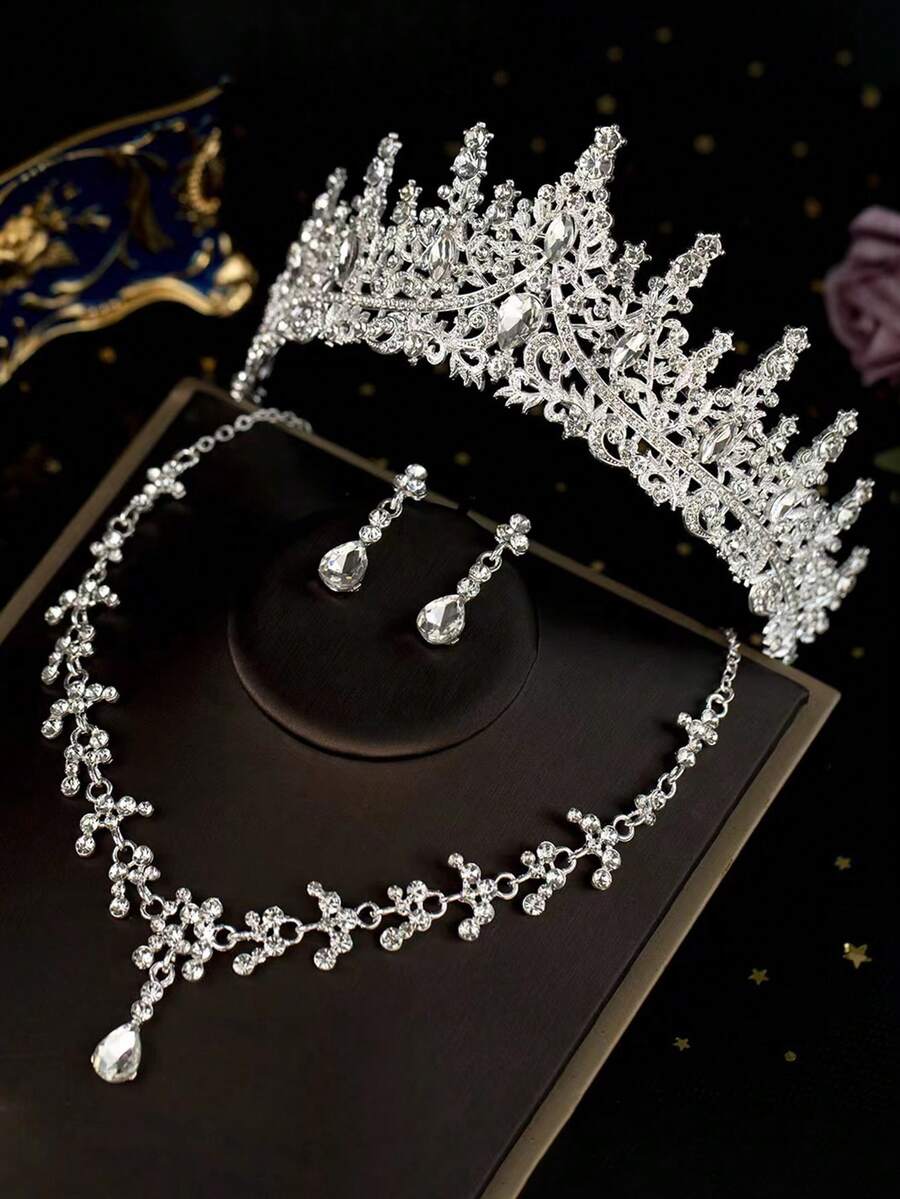 1套新娘飾品，包含水鑽皇冠、項鍊和耳環，4件式婚禮珠寶套組，適合婚紗、晚宴、婚禮派對