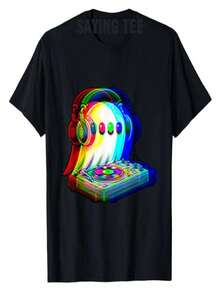Camiseta de manga corta con estampado divertido y humorístico de DJ de música electrónica de Halloween para fiestas rave de Halloween. - Negro - Ver 1
