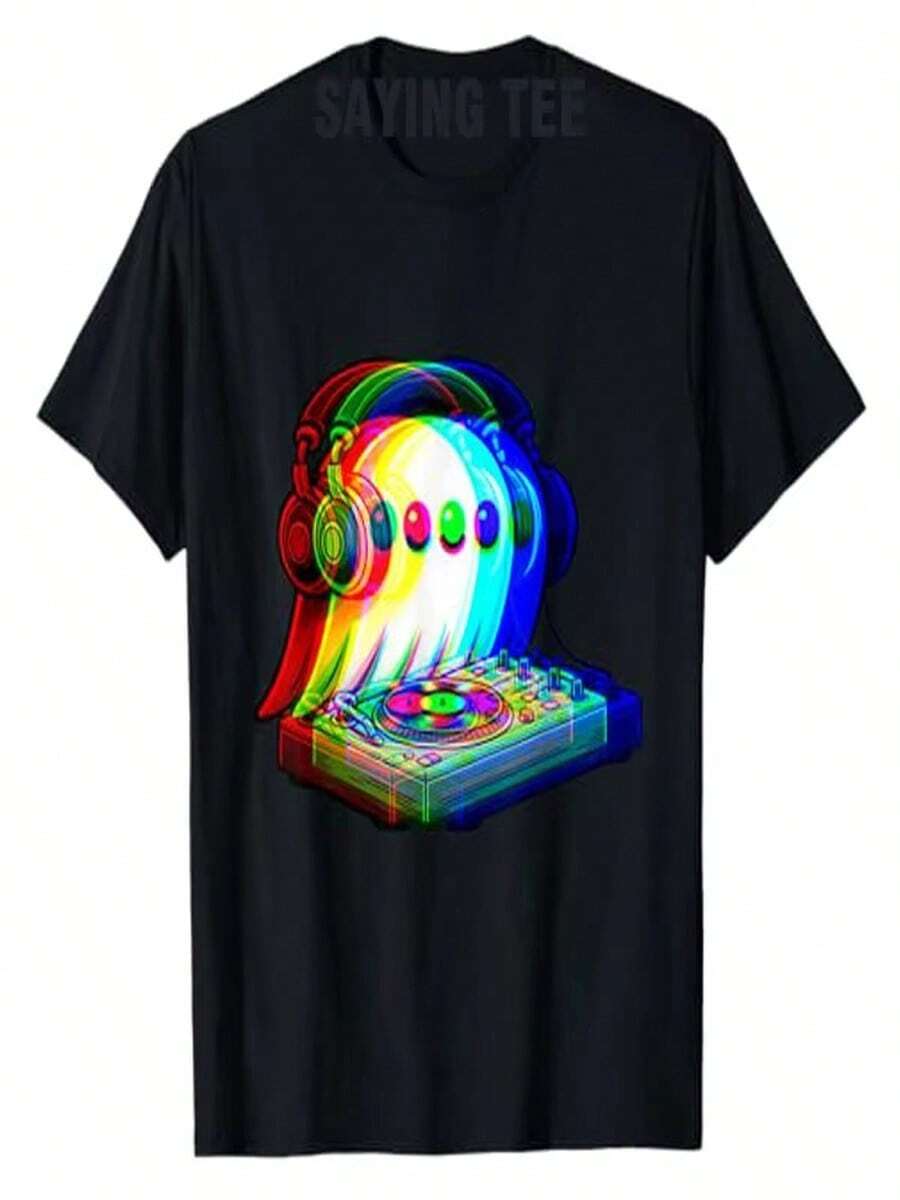 Camiseta de manga corta con estampado divertido y humorístico de DJ de música electrónica de Halloween para fiestas rave de Halloween. - Negro - Ver 1