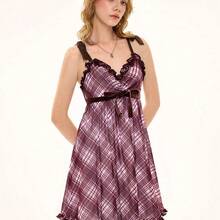 ROMWE Kawaii Spring/Summer Valentine's Day Plaid Ruffle Tie Casual Loose Women Mini Dress - Marrón - Ver 6
