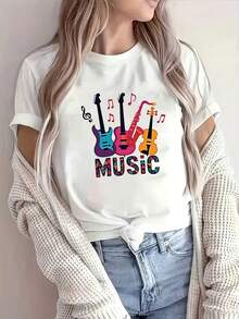 Camiseta de mujer, estampado de instrumentos musicales coloridos, tema musical, camiseta blanca de manga corta con cuello redondo, lavable a máquina, estilo casual, ajuste cómodo, diseño moderno, adecuada para uso diario, tela suave, estilo a la moda. - Blanco - Ver 6