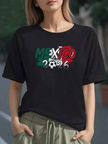 Bandera de México con balón de fútbol y letras que celebran el espíritu deportivo del mundial 2026 camiseta para mujer 100% algodón cómoda y moderna - Negro - Ver 1