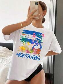 Camiseta con gráfico de la bandera de Honduras para mujer, camiseta de cuello redondo de manga corta casual, tela ligera y suave, parte superior deportiva y de ocio, uso diario cómodo para orgullo hondureño y eventos nacionales - Blanco - Ver 7