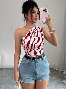 Blusa de mujer de nueva llegada para el verano, con hombro oblicuo, volantes y estampado geométrico asimétrico sexy - Burdeos - Ver 8