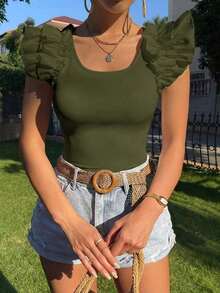 Camiseta de manga corta ajustada con cuello cuadrado de unicolor para mujeres - Verde militar - Ver 7