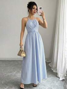 YHHElenzga Vestido de línea A con estampado gráfico en blanco y negro, con hombros abiertos, nudo retorcido y escote de halter, elegante para primavera/verano de las mujeresYHH - Azul y blanco - Ver 3