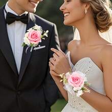 Wrist Corsage And Boutonniere Set, Artificial Rose Corsage Wristlet And Boutonniere For Wedding Prom Party - 蝴蝶粉紅胸花1朵&腕花1朵 - 查看 3