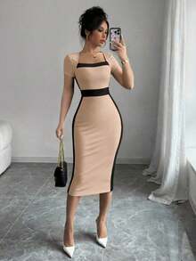 Vestido ajustado de cuello cuadrado con bloques de color para mujer - Caqui - Ver 6