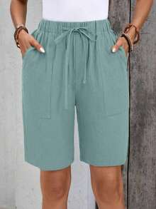 Bermudas de lino, mezcla de lino, unicolor, bolsillos laterales, longitud hasta la rodilla, cintura alta, estilo básico de moda - Niebla azul - Ver 3