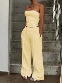 Conjunto de 2 piezas de ropa de otoño Vaiaye: Top corto ajustado y sexy sin tirantes, camiseta básica de unicolor elástica y ajustada, top tipo bandeau para yoga; Conjunto de pantalones para primavera/verano - Amarillo - Ver 9