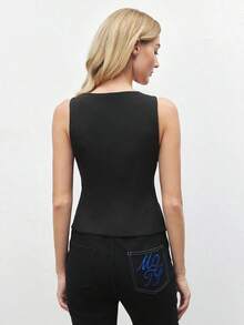 Blusa de un solo pecho de unicolor, versátil y casual para uso diario - Negro - Ver 4
