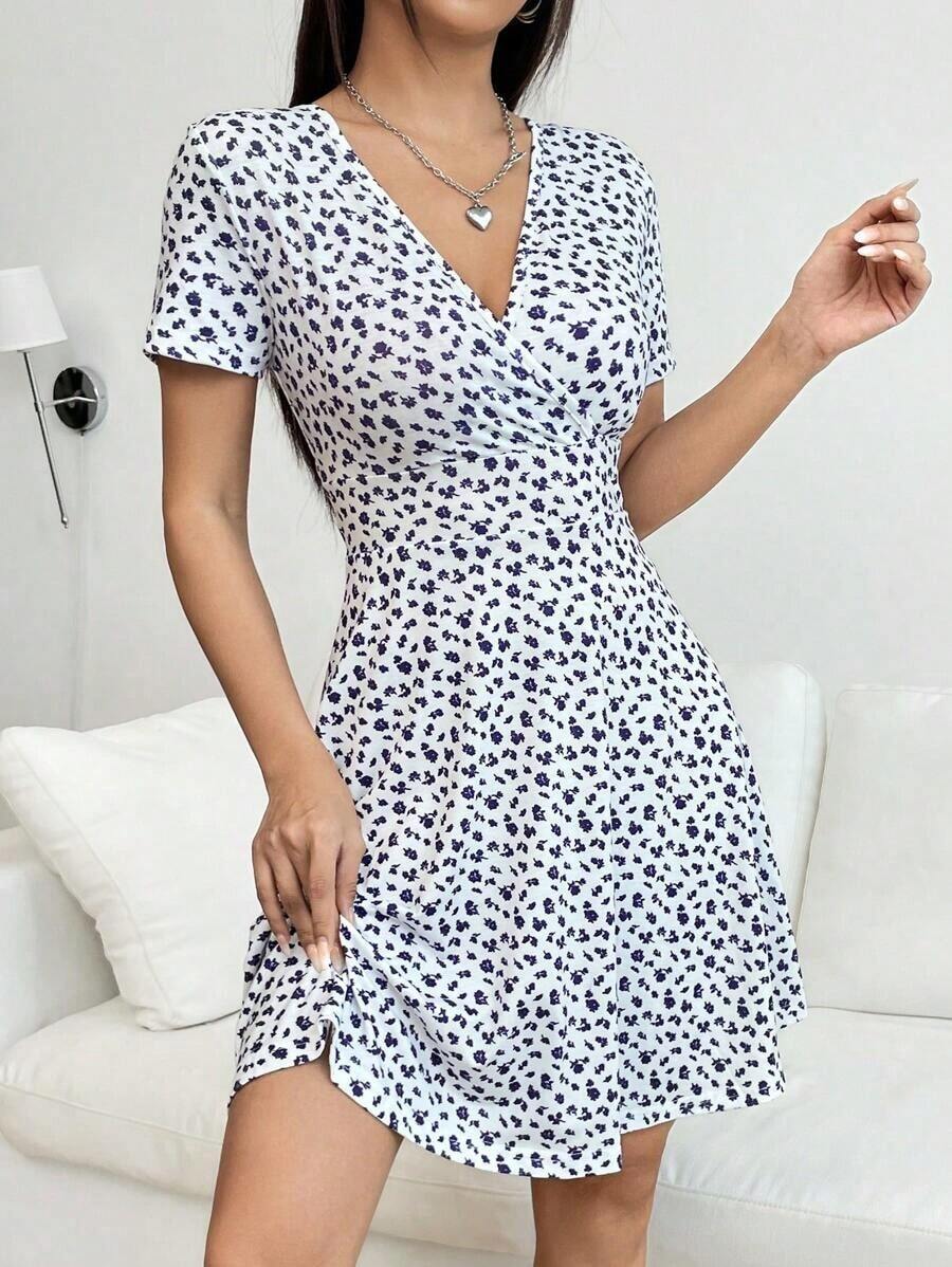 Vestido De Manga Corta Para Mujer Con Estampado Floral - Morado - Ver 1