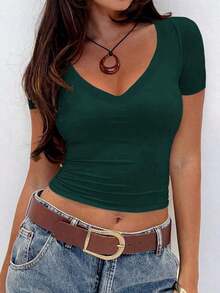 Camiseta ajustada de manga corta con cuello en V de unicolor para mujer, estilo Y2K sexy, adecuada para uso diario casual, blanco verano - Verde Oscuro - Ver 10