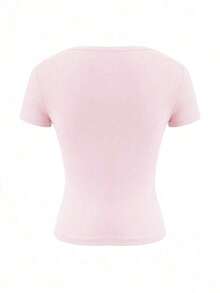 Camiseta ajustada de manga corta con cuello en V de unicolor para mujer, estilo Y2K sexy, adecuada para uso diario casual, blanco verano - Rosa - Ver 4
