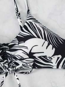 Conjunto de bikini con estampado tropical de tres piezas sujetador de empuje y bottom de bikini tipo hipster y kimono para mujer estilo vacaciones de verano en la playa - Blanco y Negro - Ver 6