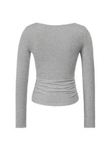 Camiseta ajustada de manga larga con cuello cuadrado para mujer, primavera/verano Y2K, unicolor, sexy, adecuada para el Día de San Valentín y uso casual - Gris Claro - Ver 4
