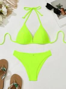 Conjunto de bikini liso, sujetador push up y parte inferior de bikini, traje de baño de 2 piezas - Verde - Ver 7