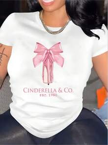 1 Piece Of Pure White Women's T-Shirt | Charming And Elegant Pink High Heels And A Bow-Tie T-Shirt. | Casual Style, Geometric Pattern, Summer Collection. 180g 100% Cotton - 白色 - 查看 1