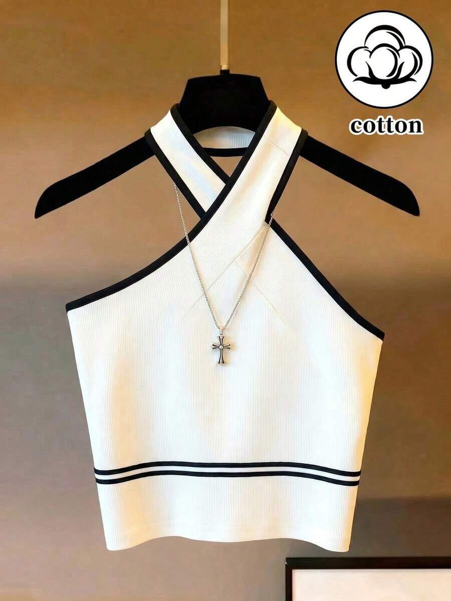 Blusa de cuello halter blanca con ribete negro.Ropa de playa, adecuada para otoño e invierno, uso casual en la oficina, versátil, Navidad, Año Nuevo, uso casual y elegante diario, atuendo profesional de maestro urbano - Blanco y Negro - Ver 1