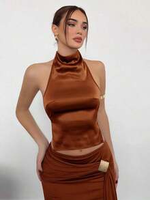 Camiseta sin espalda con cuello alto y cordón en el bajo, color marrón, para mujer, para fiesta y eventos de otoño/invierno - Óxido marrón - Ver 7