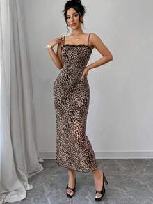 Vestido de largo medio con estampado de leopardo, encaje y parches, de tela elástica, sin espalda, vestido romántico y sexy, adecuado para uso diario, trabajo, vacaciones, fiesta y citas - Multicolor - Ver 4
